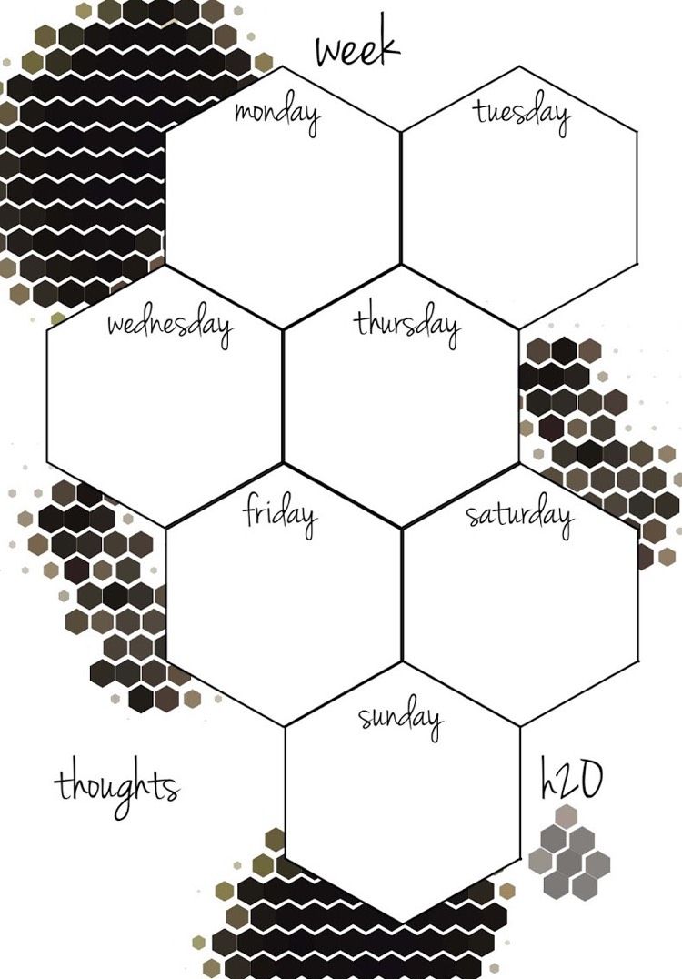Filofax insere impressões pessoais de dias da semana em padrão de favo de mel preto e branco