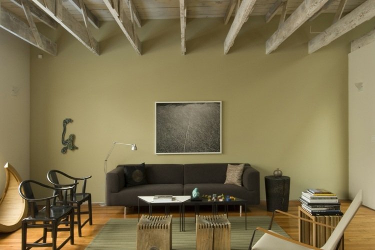 Exemplos de idéias de design de cores em estilo country moderno para sala de estar verde