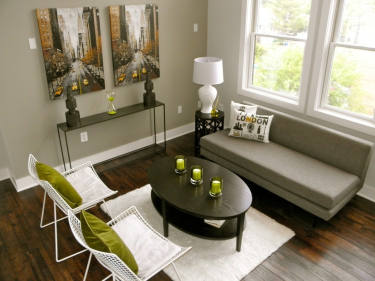 Sala de estar verde, cadeira branca, sofá, móveis de design
