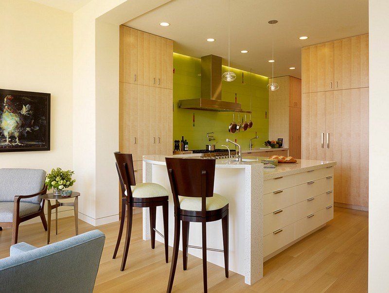 green-wall-paint-extractor-hood-white-kitchen island-floor laminate floor