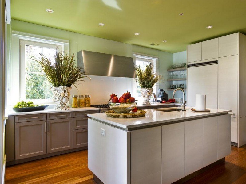 green-wall-paint-modern-kitchen-design-white-ideas
