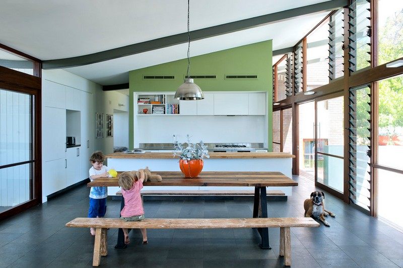 green-wall-color-white-modern-kitchen-dining-table-bench