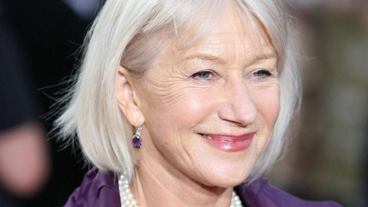 cabelo-cor-prata-loiro-cabelo-tendência-penteado-bob-pônei-mulher-brincos-roxo-helen-mirren