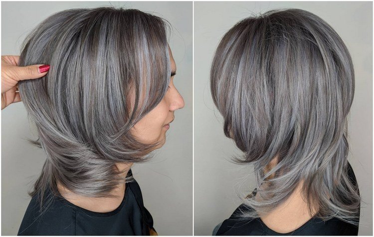 mechas cinza aço no cabelo castanho