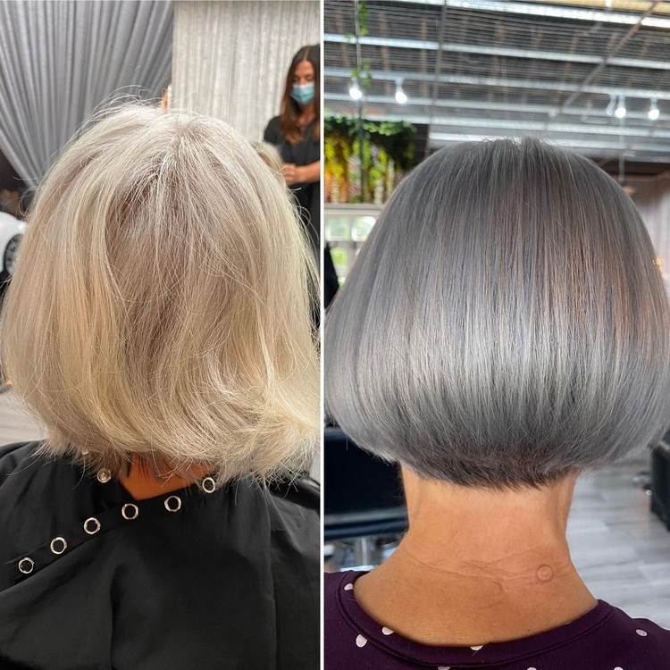 Bob corte de cabelo acima de 50 anos em cinza aço