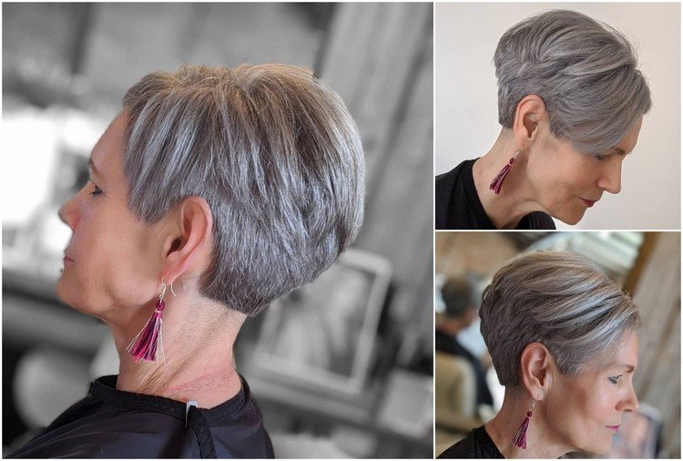 penteado curto para mulheres com mais de 50 anos em cinza aço