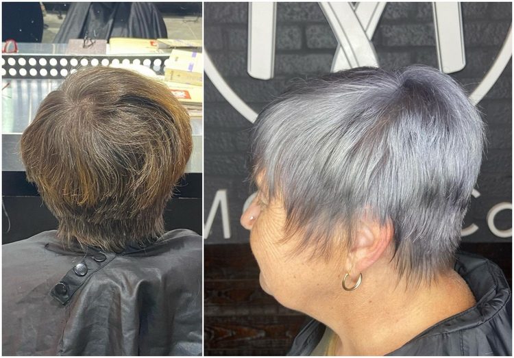 corte de cabelo curto para mulheres com mais de 60 anos em cinza aço