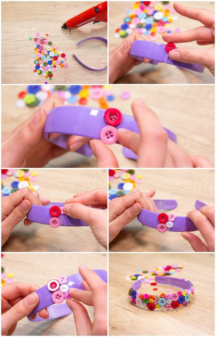 Faça seus próprios acessórios de cabelo para crianças e enfeite tiaras de plástico coloridas com botões