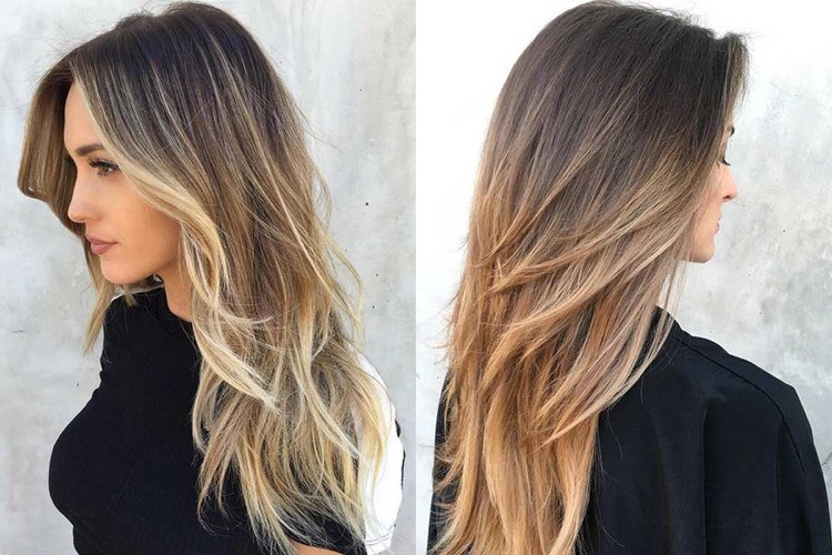 cabelo comprido com camadas balayage repartidas ao meio