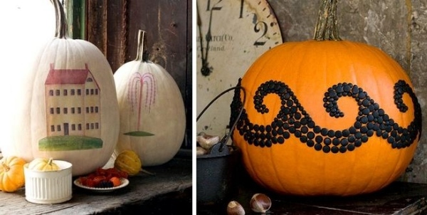 Decoração colonial de abóboras de Halloween pintando motivos ondulados - alfinetes