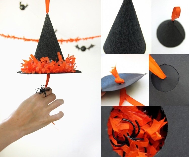Chapéu de bruxa piñata de Halloween fazendo instruções e enchendo com confete