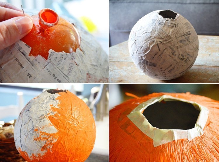 Faça uma piñata de abóbora de Halloween com um balão, jornal e cola
