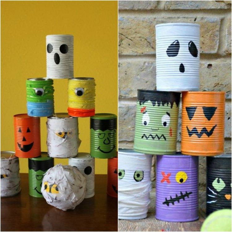 jogos de halloween latas-pirâmide-cor-de-frankenstein-boliche
