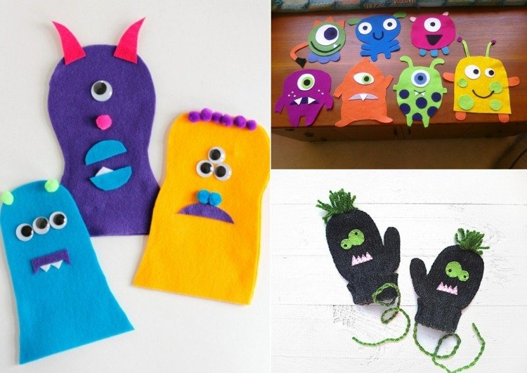 Idéias para motivos para luvas infantis - monstros feitos de tecido de feltro com olhos esbugalhados