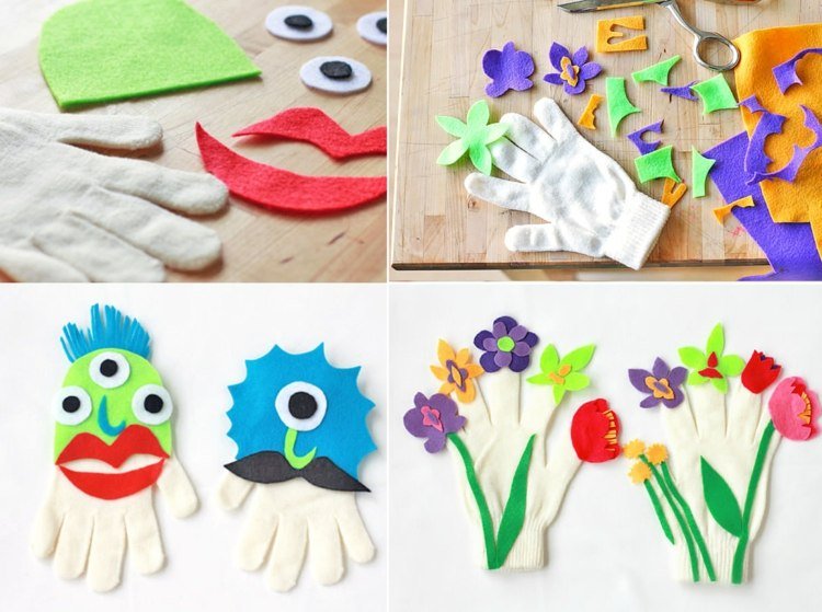 Ideia de reciclagem de luvas para jovens e idosos - monstros e flores primaveris feitas de feltro