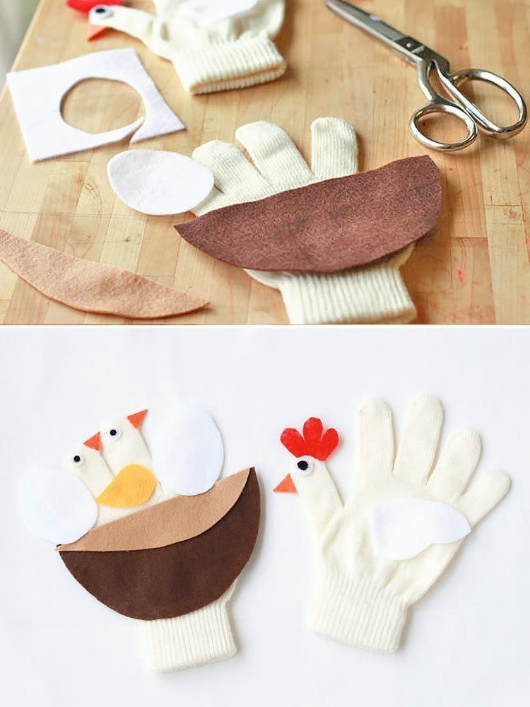 Ideia engraçada de artesanato com luvas - faça suas próprias galinhas com feltro
