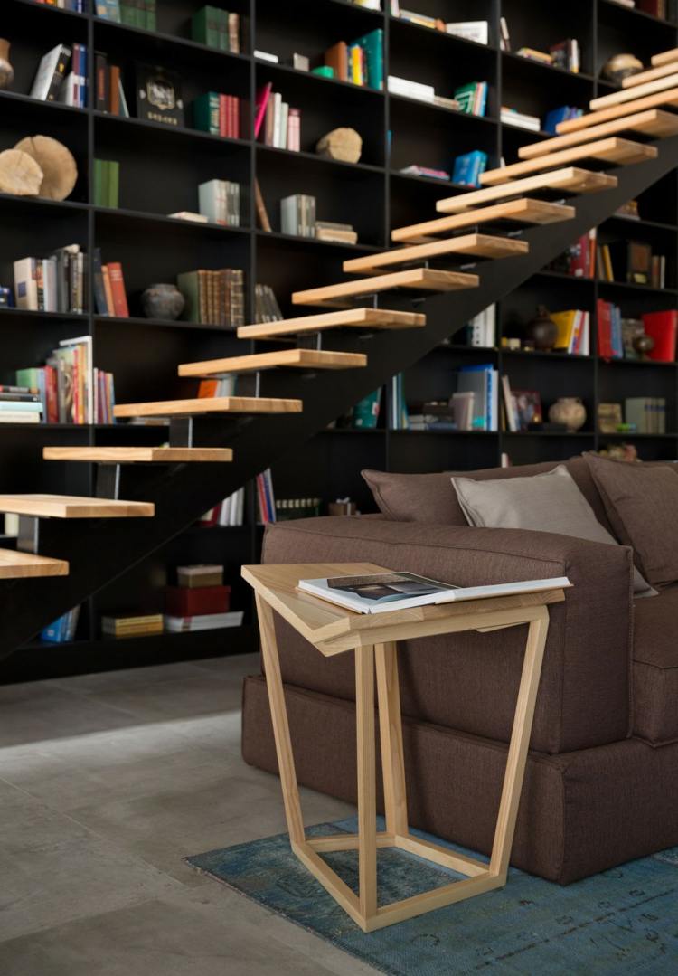 projeto da casa com prateleira de destaque mesa lateral abstrata degraus de madeira decoração de livros