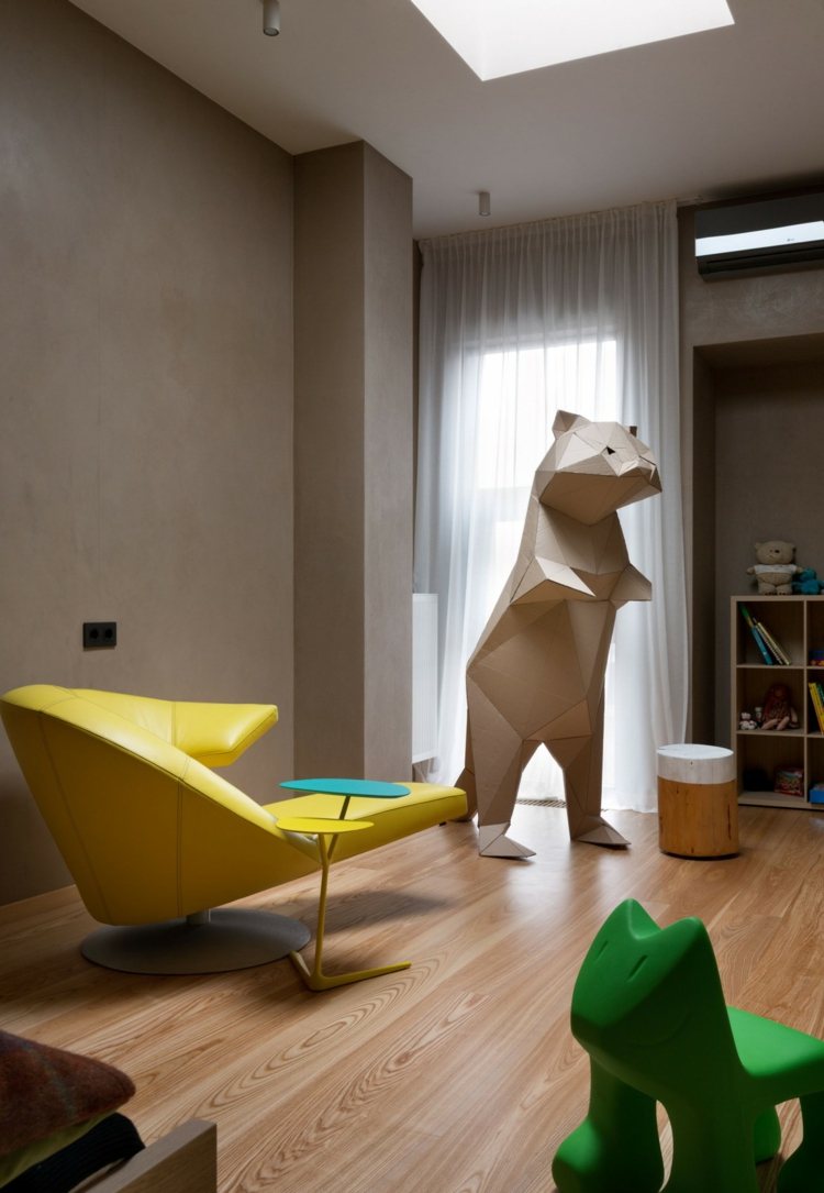 projeto da casa prateleira de sotaque quarto infantil poltrona amarela figuras laminado colorido