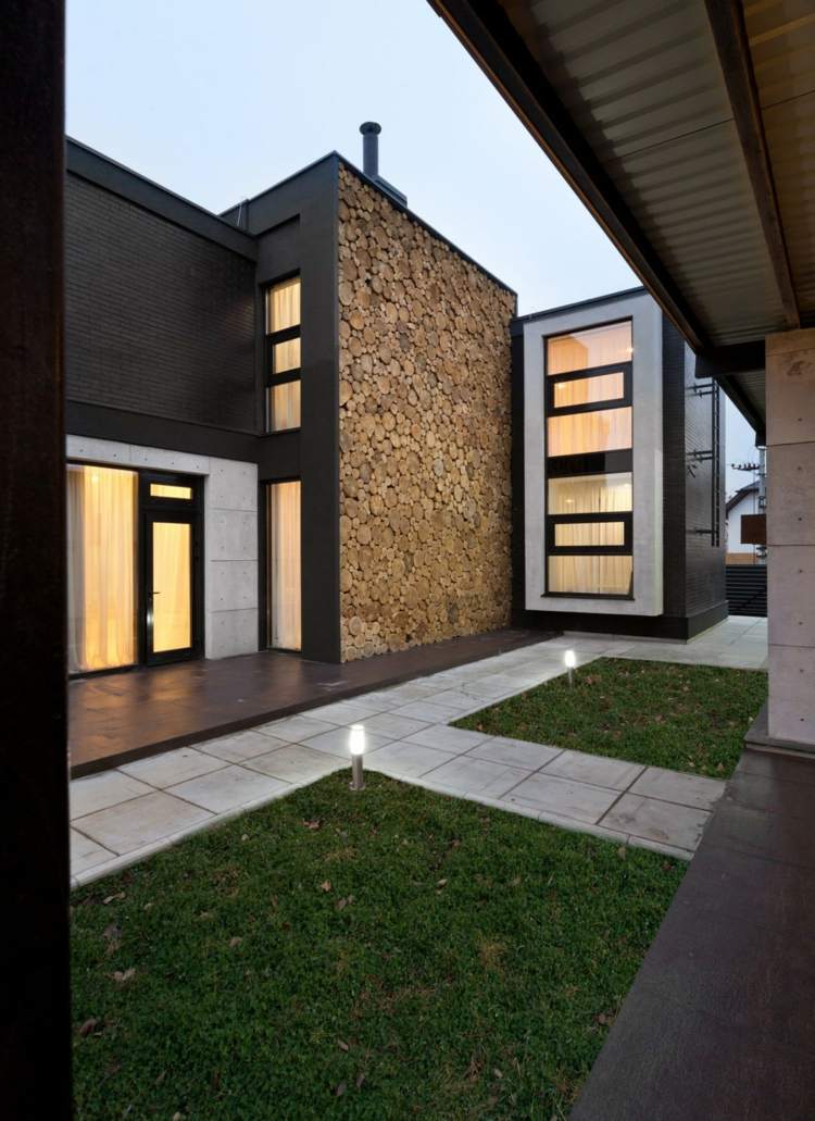 projeto da casa com prateleira de destaque terraço caminho do jardim projeto da parede de madeira ao ar livre
