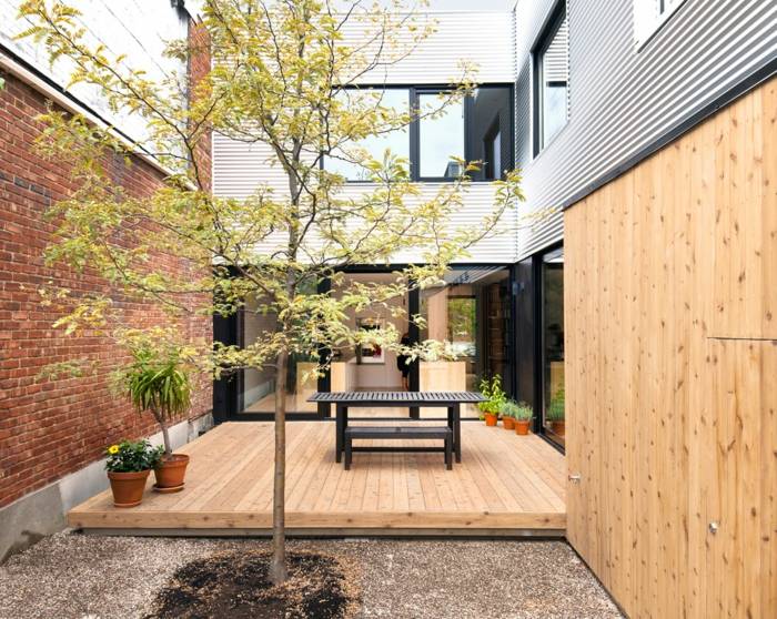 projeto casa estrutura residencial pátio jardim terraço plantas de árvores móveis de jardim de madeira
