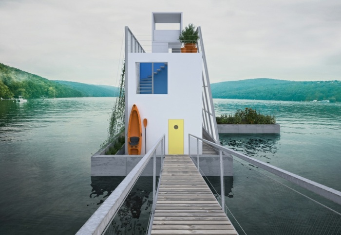 casa na água cais cores arquitetura moderna casa pré-fabricada