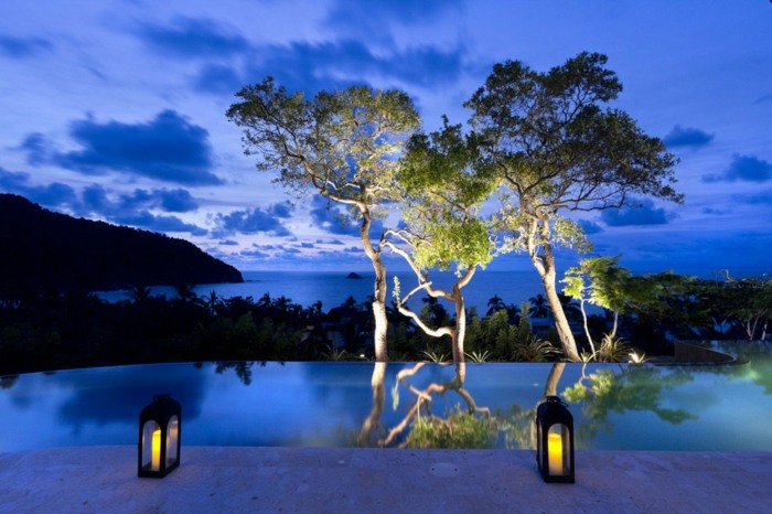 iluminação noturna árvores eficaz indireto piscina design oceano