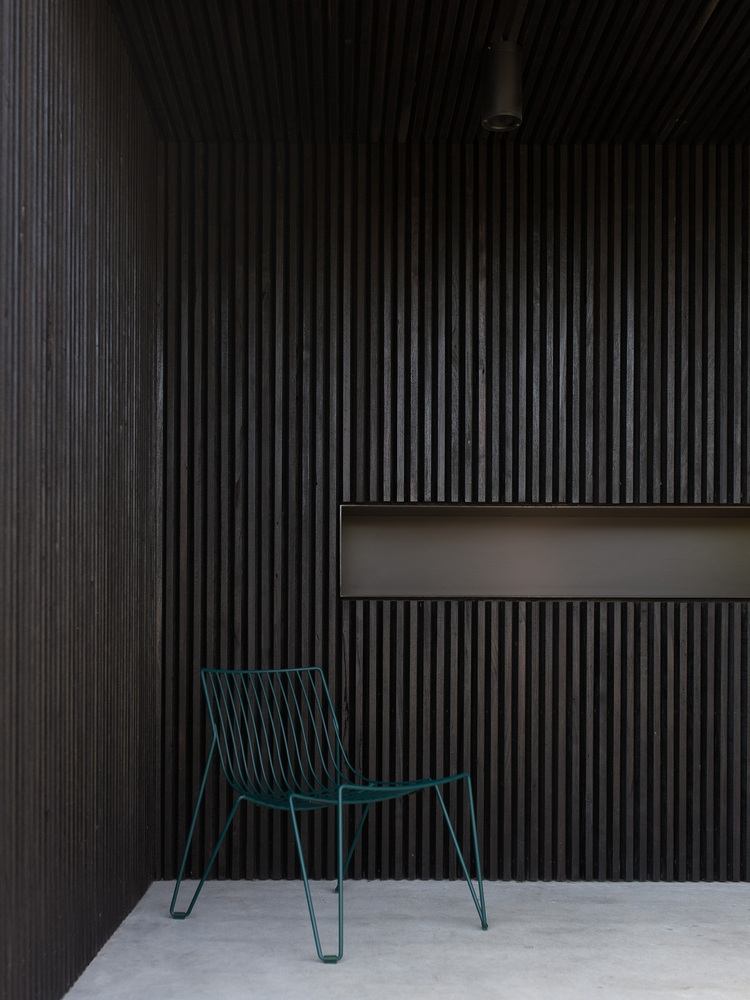 terraço ao ar livre com ripas de madeira escura como revestimento da fachada com cadeira de design em azul