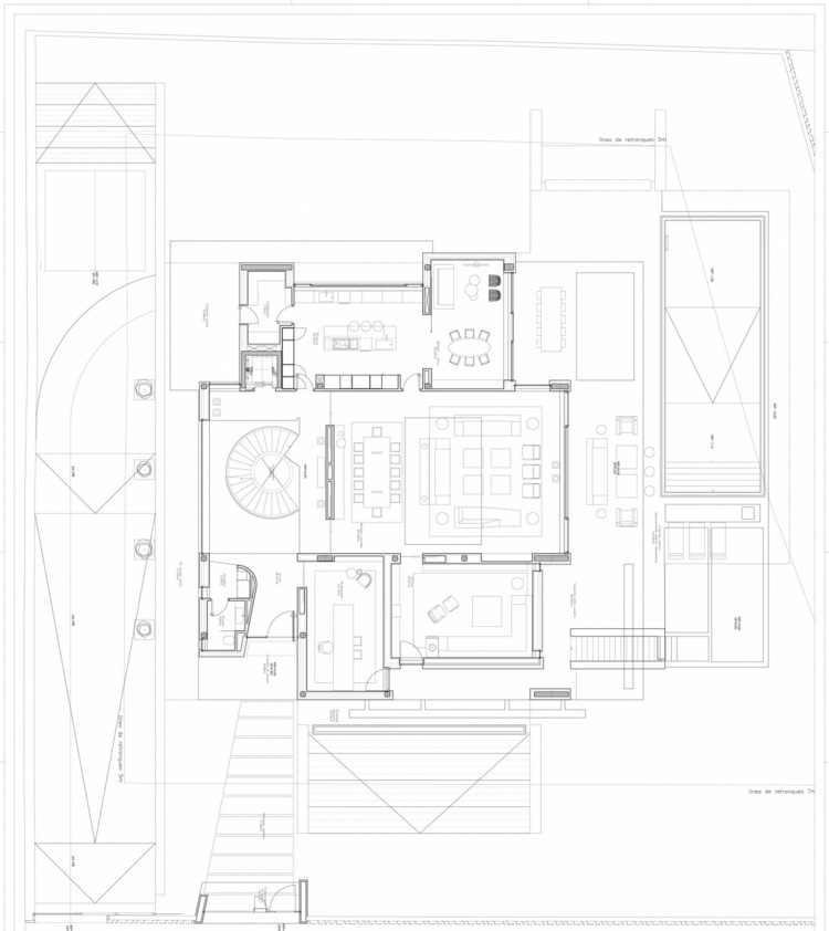 casa com escada em espiral moderna segundo andar, piscina, terraço, planta baixa da sala de estar