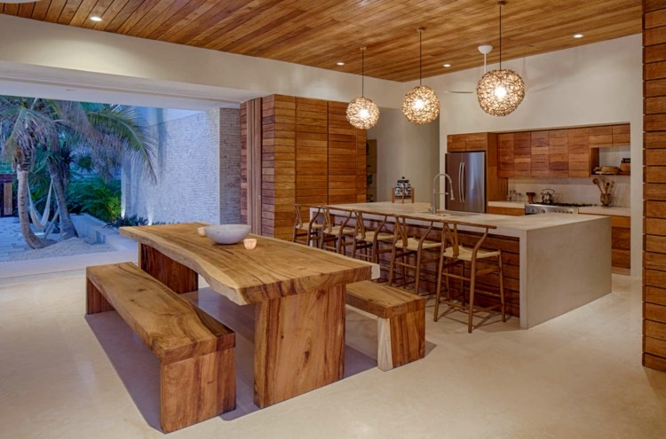 flair casa rústica mesa de jantar bancos de madeira claro cozinha ilha armários