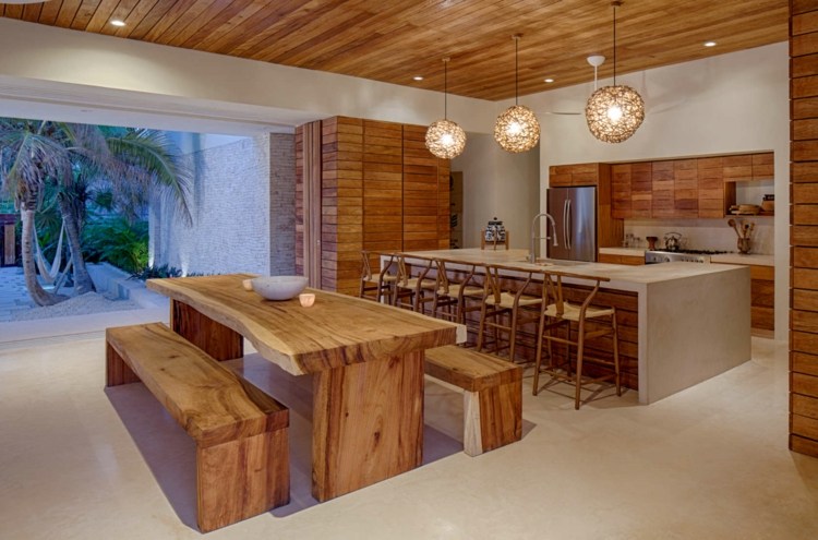 flair casa rústica mesa de jantar bancos de madeira claro cozinha ilha armários
