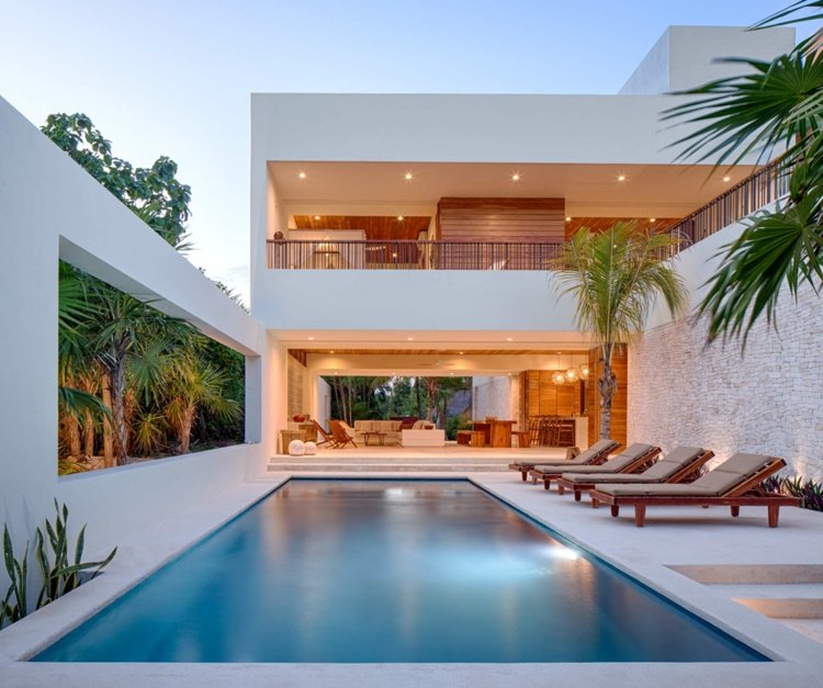 casa com terraço rústico piscina sala de concreto branco