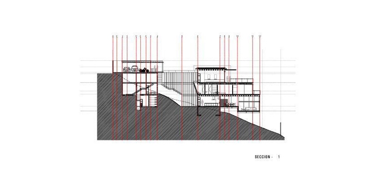 casa-fachada-vidro-arquitetura moderna-planta-casa-encosta-vista lateral-seção