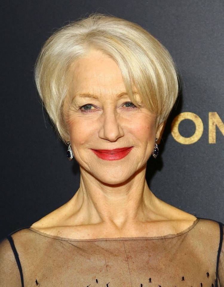 Penteados Helen Mirren ao longo dos anos Corte Pixie com franjas laterais