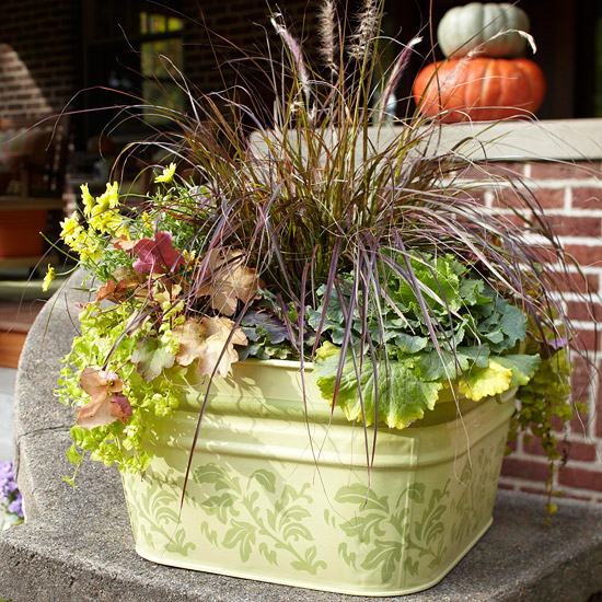 plantas verdes de outono decoração de vasos na entrada