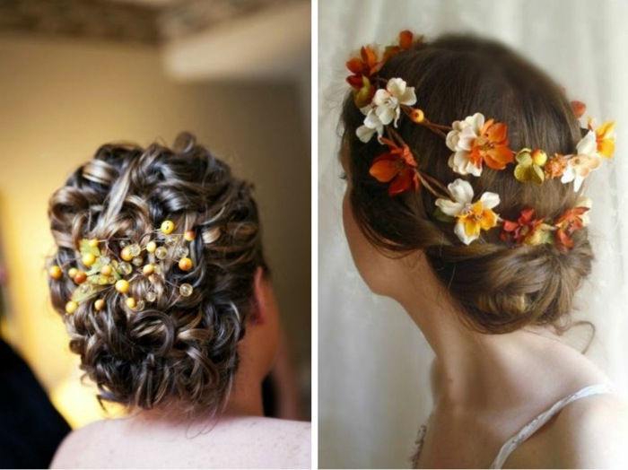 cabelo preso com alfinetes com decorações florais atrás