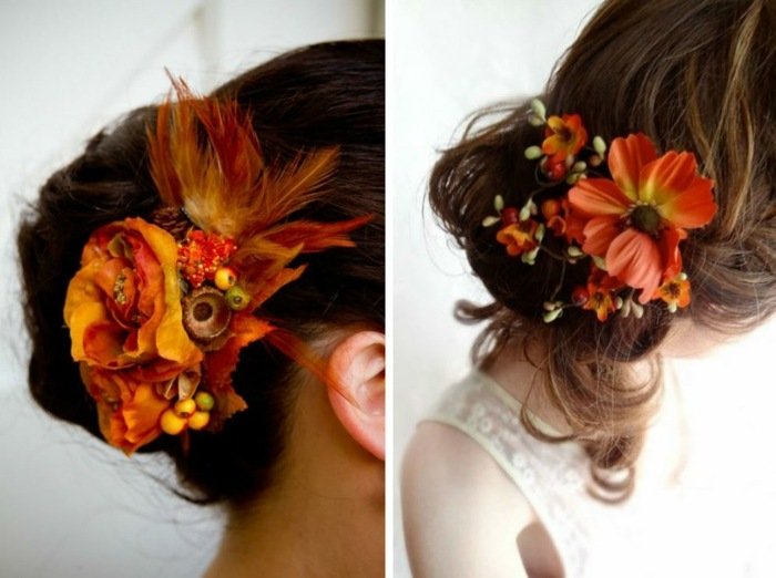 Cabelo preso com alfinetes com flores de outono