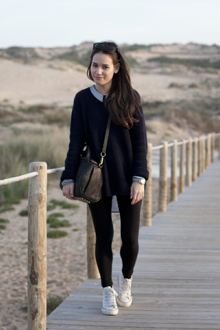 roupa de outono com chucks sweater camisola leggins bolsa