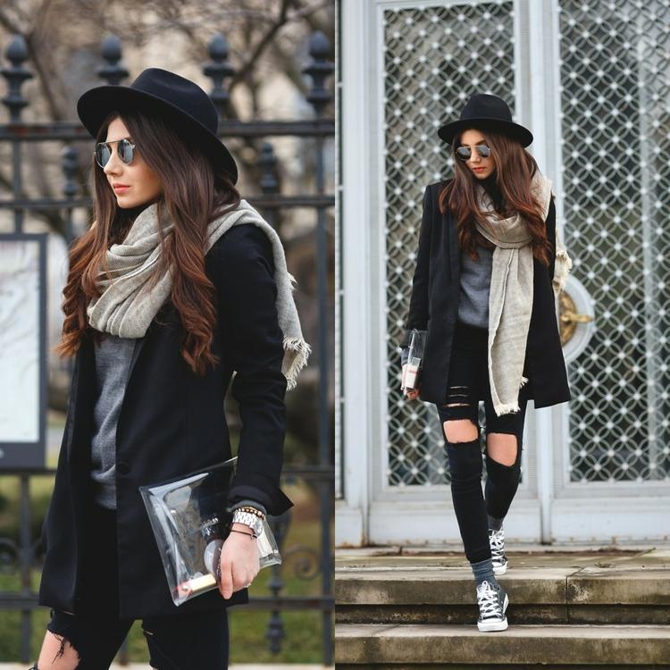 roupa de outono chucks calças usadas look chapéu blazer jaqueta
