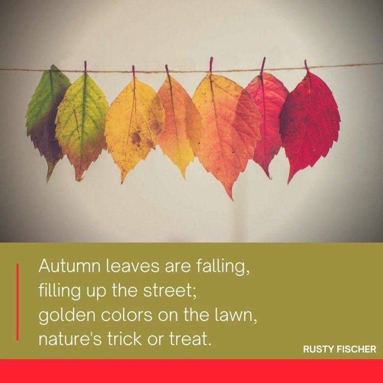 Poema em inglês de Rusty Fischer com folhas coloridas