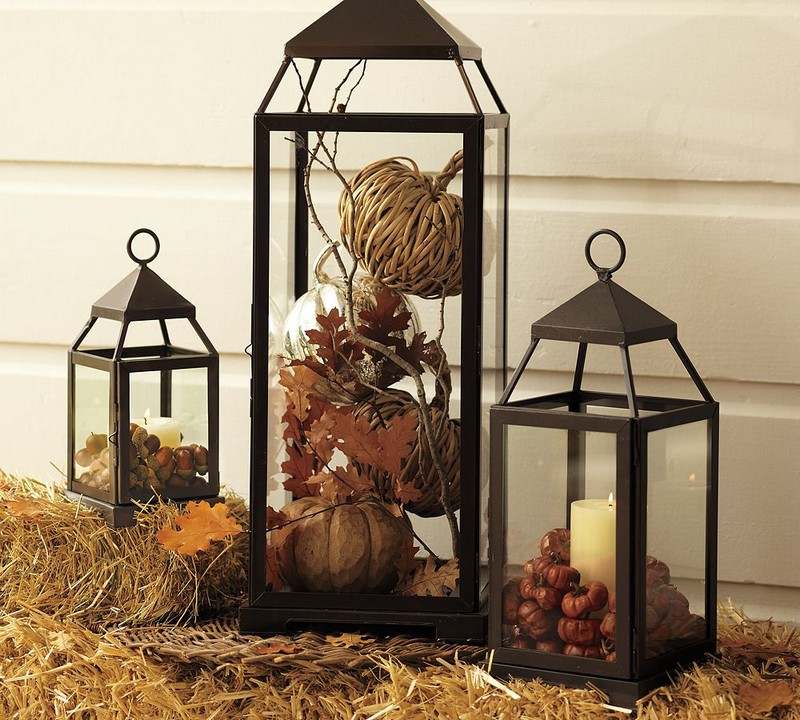 Decoração de outono-materiais naturais-nozes-velas-lanterna de jardim