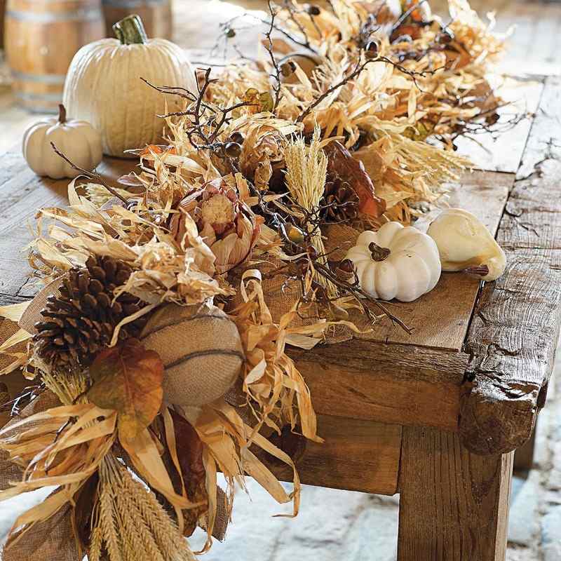 Decoração de outono-materiais naturais-folhas de outono-milho-abóbora-branca-idéias de artesanato