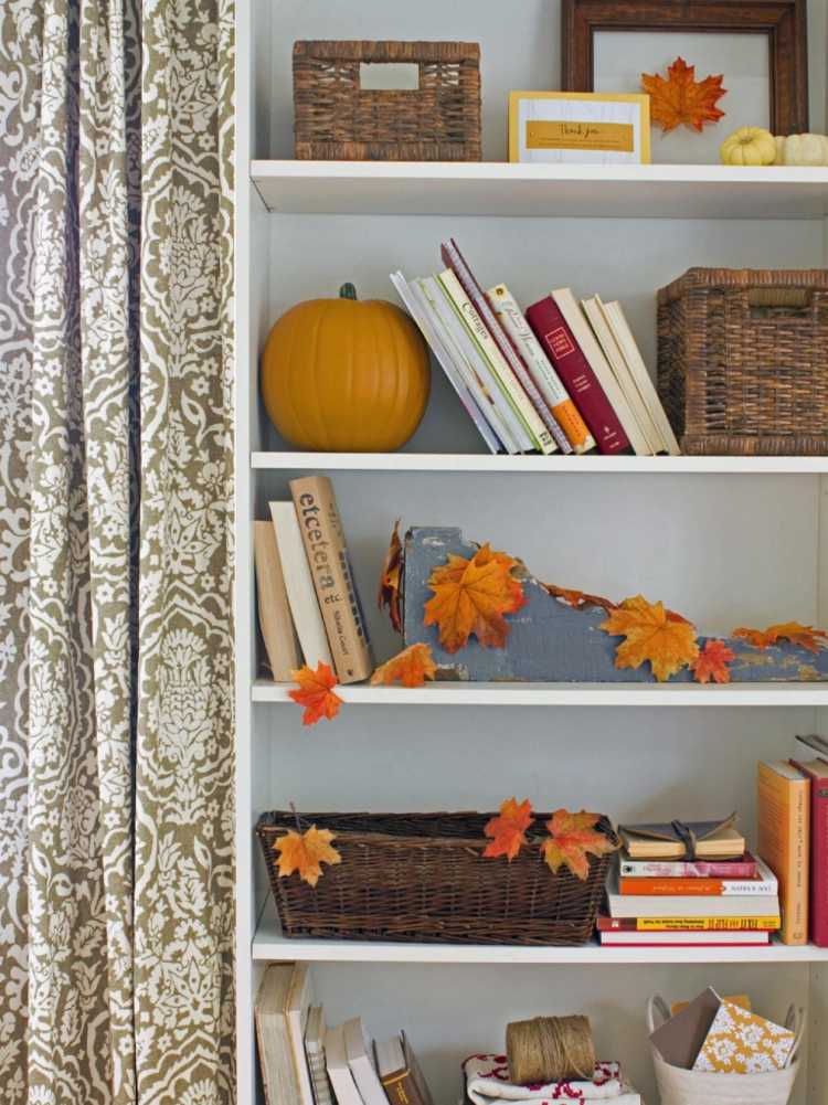 decoração de outono-materiais naturais-folhas de outono-prateleiras de parede-cestas-gabinete de prateleiras
