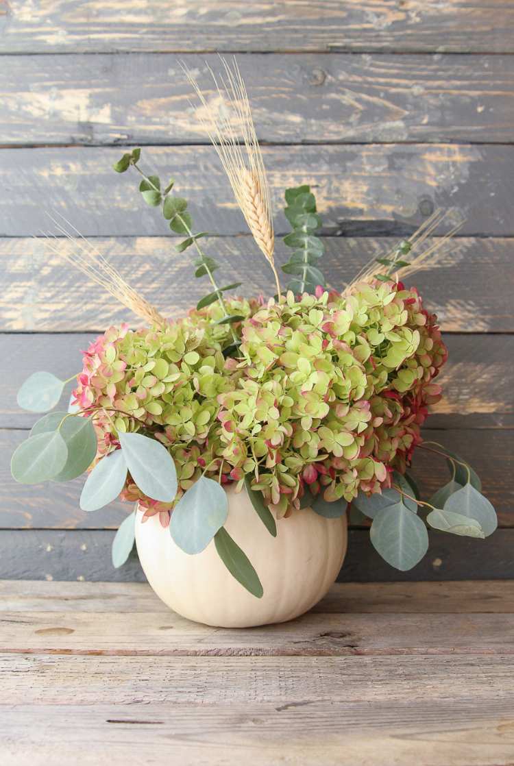 vaso de flor de abóbora arranjar decoração de outono com hortênsias