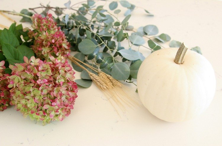 decoração de outono faça você mesmo com vaso de hortênsia e abóbora