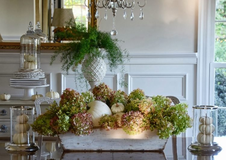 decoração da sala de jantar outono flor caixa hortênsia abóboras