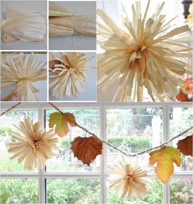 outono-decoração-faça-você-mesmo-pompons-folhas-de-milho-secas instruções