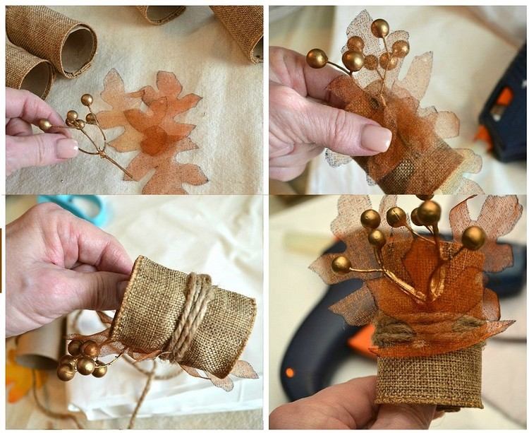 Faça você mesmo as decorações de outono - mesa - anéis de guardanapo - rolos de papel higiênico - fita de juta - bagas
