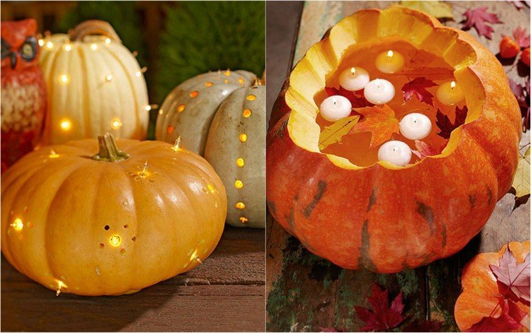 decoração de outono-faça-você-mesmo-jardim-abóboras iluminadas-luzes de fadas-velas flutuantes