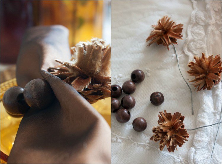 decoração de outono-faça-você-mesmo-anéis-guardanapo-arame-madeira-pérola-cones