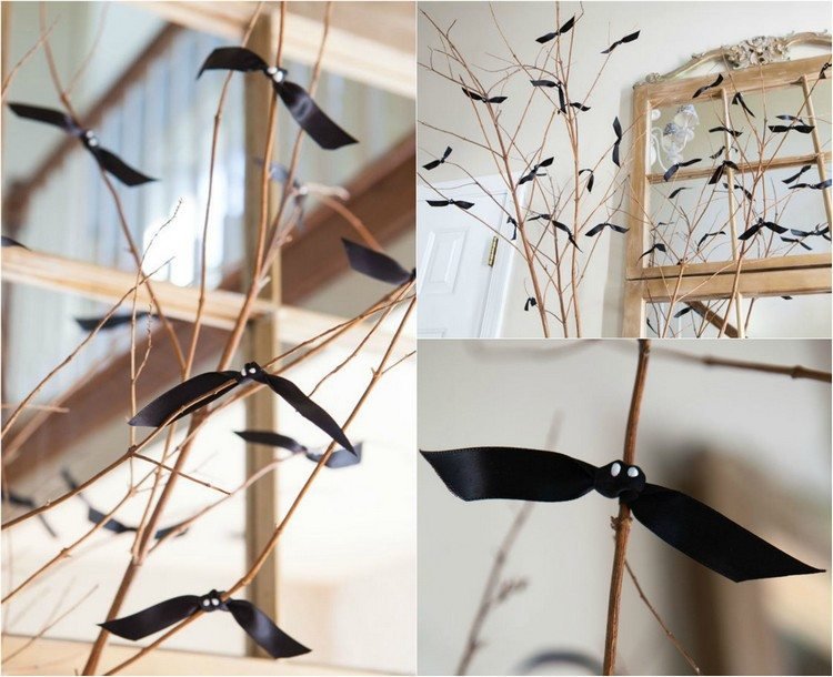 decoração de outono-faça-você-mesmo-halloween-black-ribbons-twigs-morcego